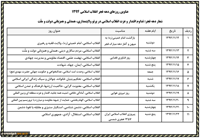 عناوین روز های دهه فجر